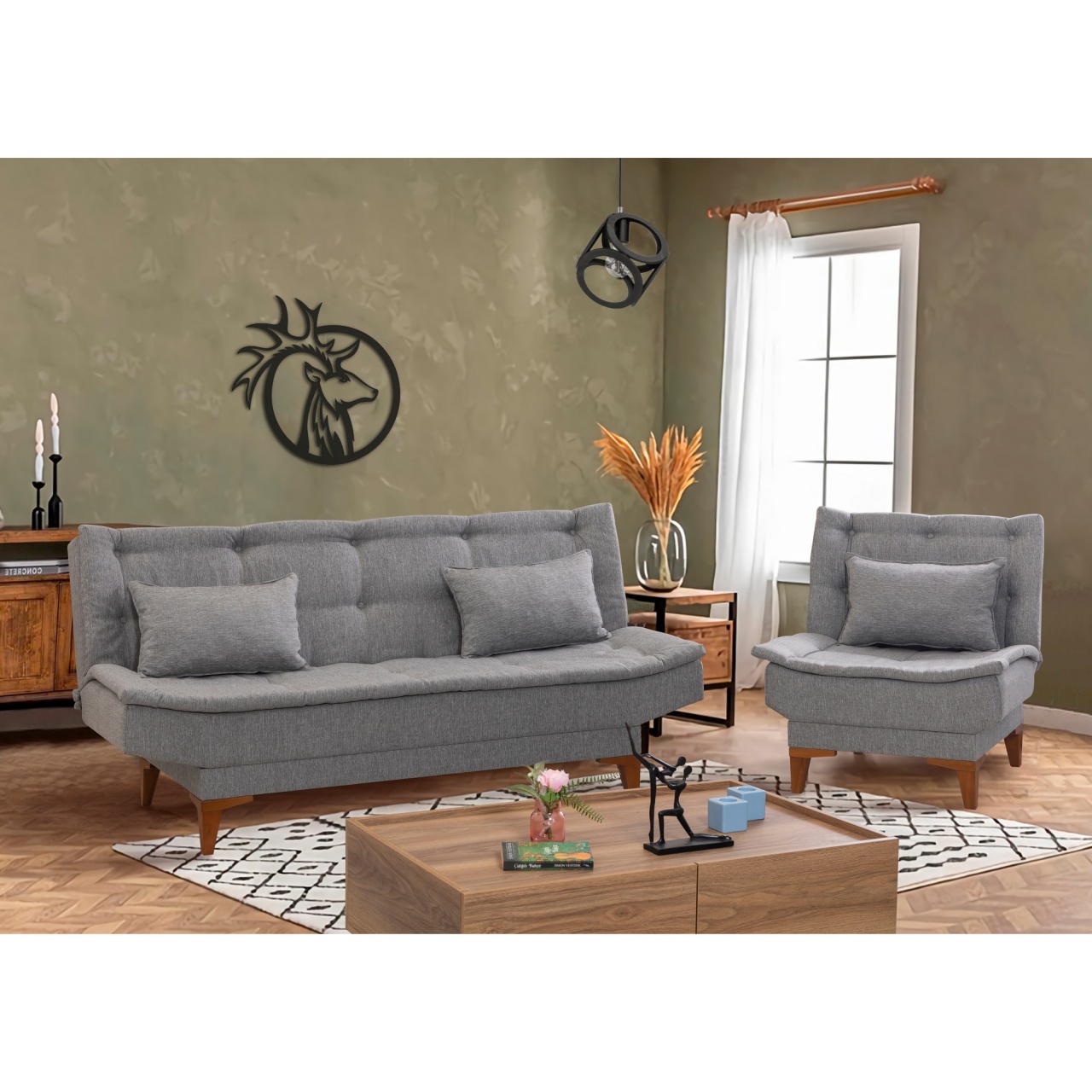 Set canapea 3 locuri extensibila si fotoliu Santo Gri
