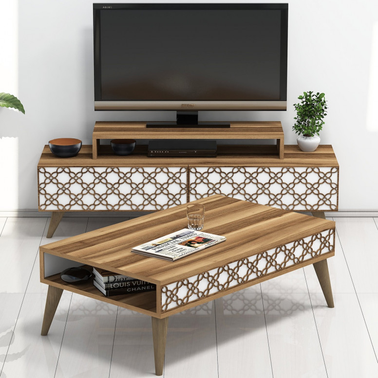 Set Comoda TV si Masuta de Cafea Living City Walnut-Alb