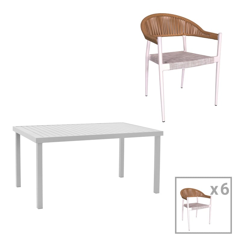 Set de 7 buc masa si scaune de gradina Kliton-Elation aluminiu alb 150x80x74 cm