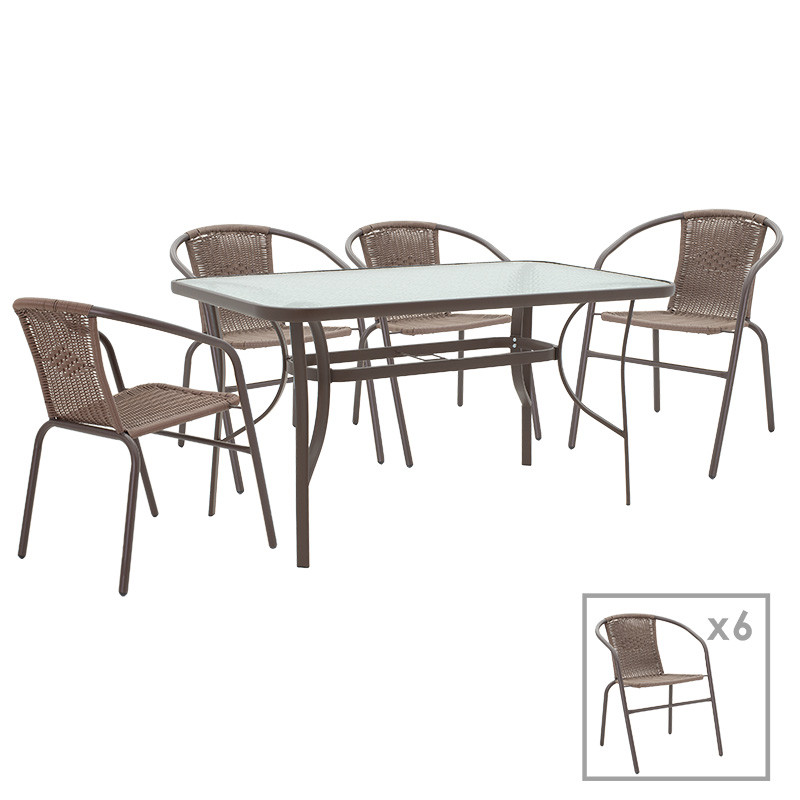 Set de gradina masa si scaune 7 bucati Ensure-Obbi metal-sticla maro 140x80x70cm