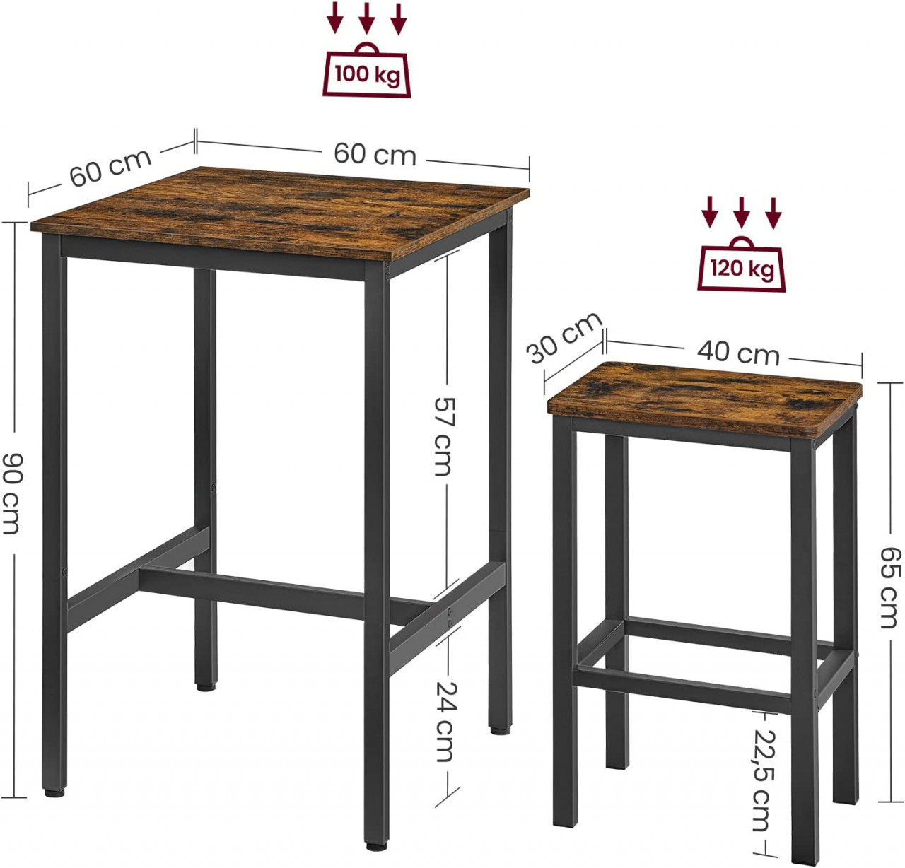 Vasagle Set masa de bar, Maro-Negru, 60x60x90 cm