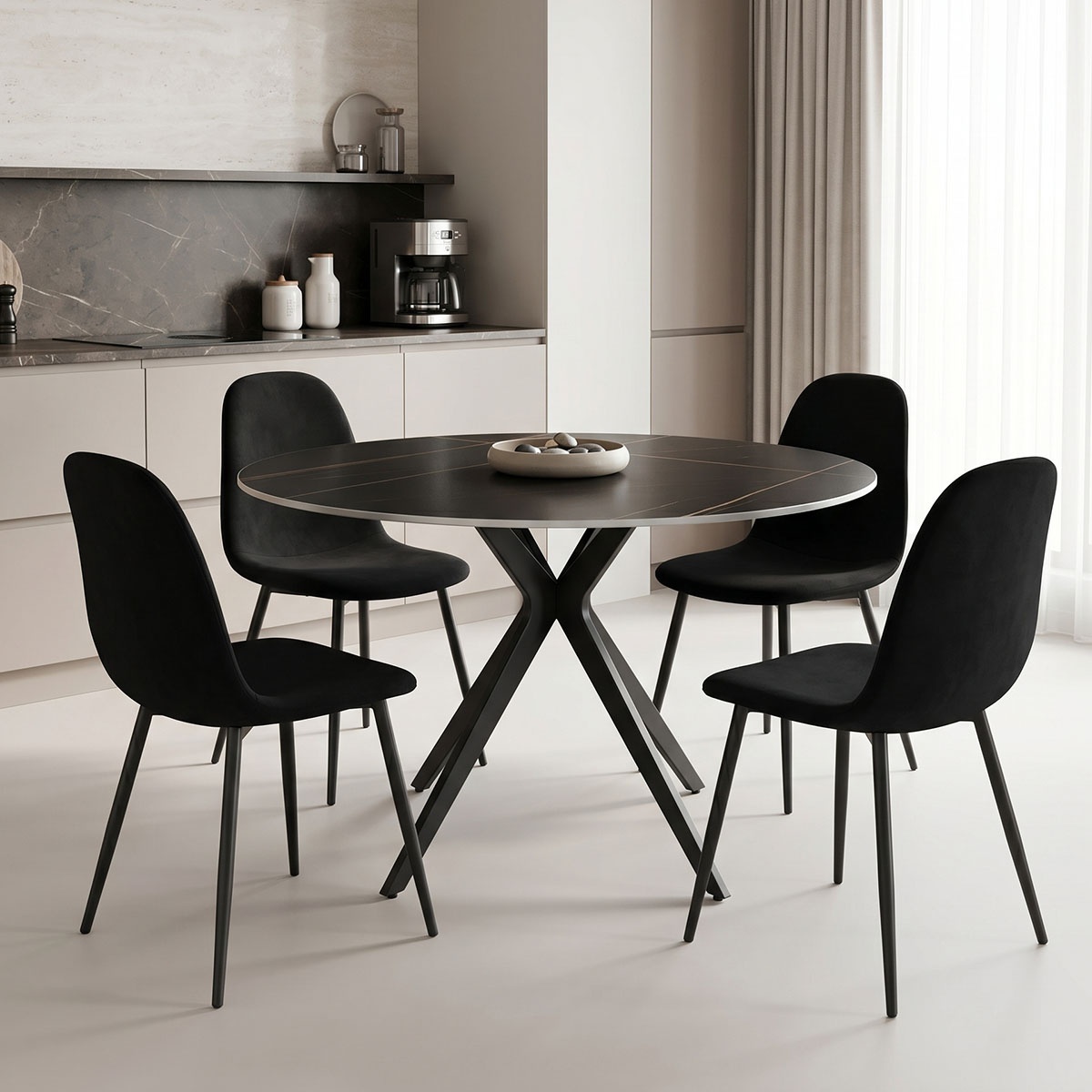 Set masa si scaune dining 5 buc Bella Orbital Pako Negru 120x120x76 cm