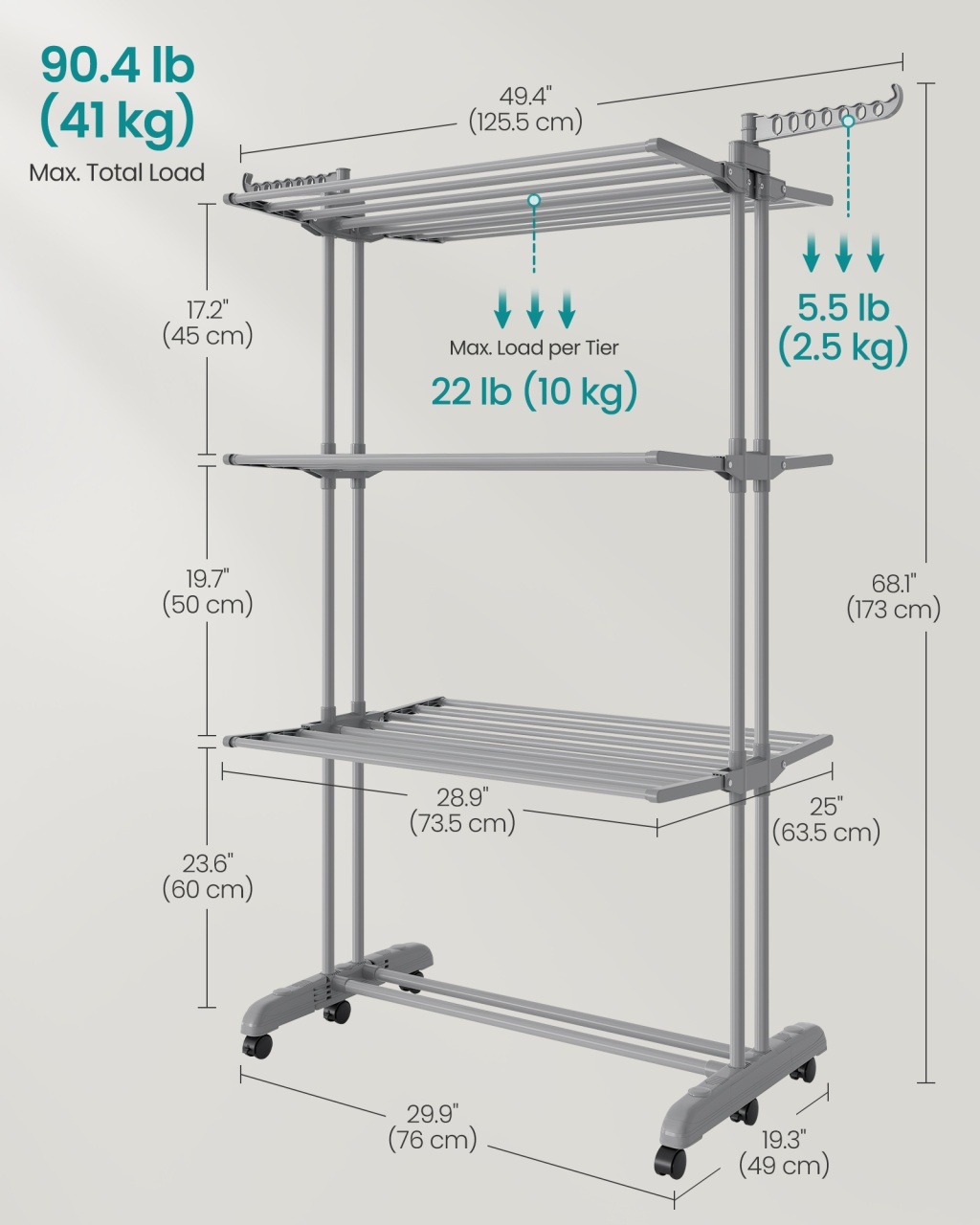 Suport uscator de rufe, Bunji, Songmics, Gri, 125.5x63.5x173 cm