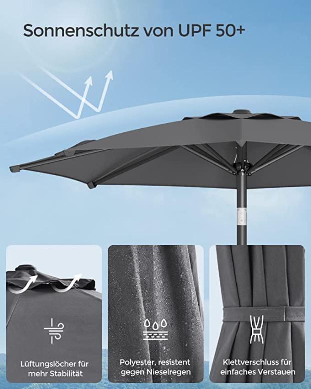 Umbrela de soare, Songmics, 30 grade, 210 cm, UPF 50+, Gri - 4 | YEO