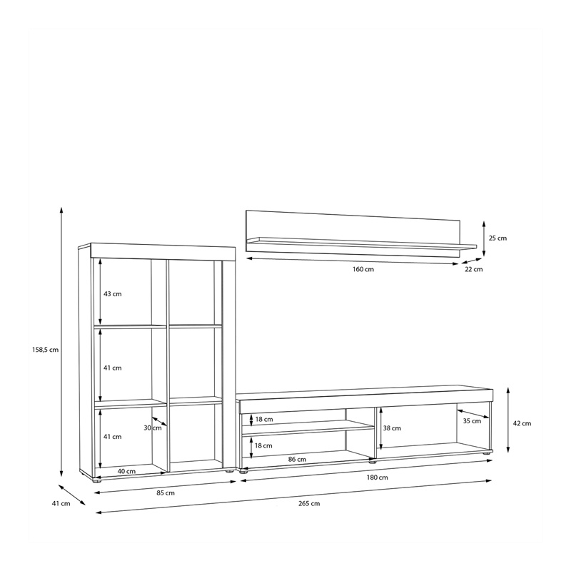 Ansamblu comoda TV Zorbi alb stejar sonoma melamina 265x41x158.5 cm