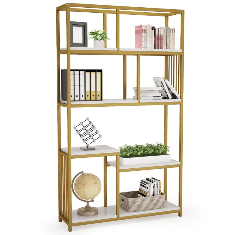 Biblioteca raft Denver, Pako World, Metal, Auriu, Aspect marmura alba, 100x30x180 cm