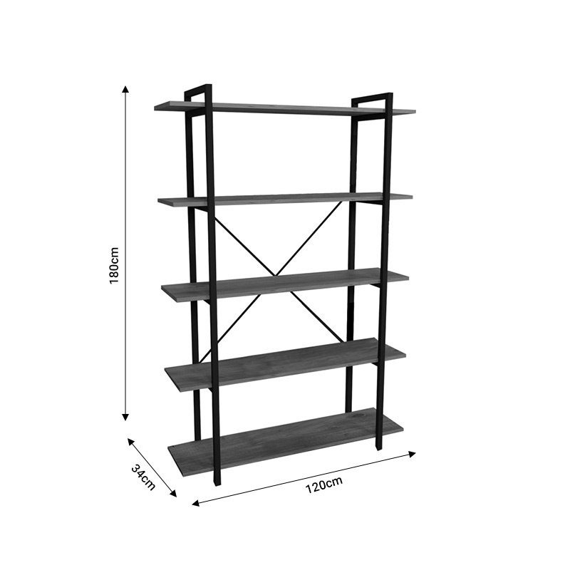 Biblioteca Reson melamina antracit metal negru 120x34x180 cm