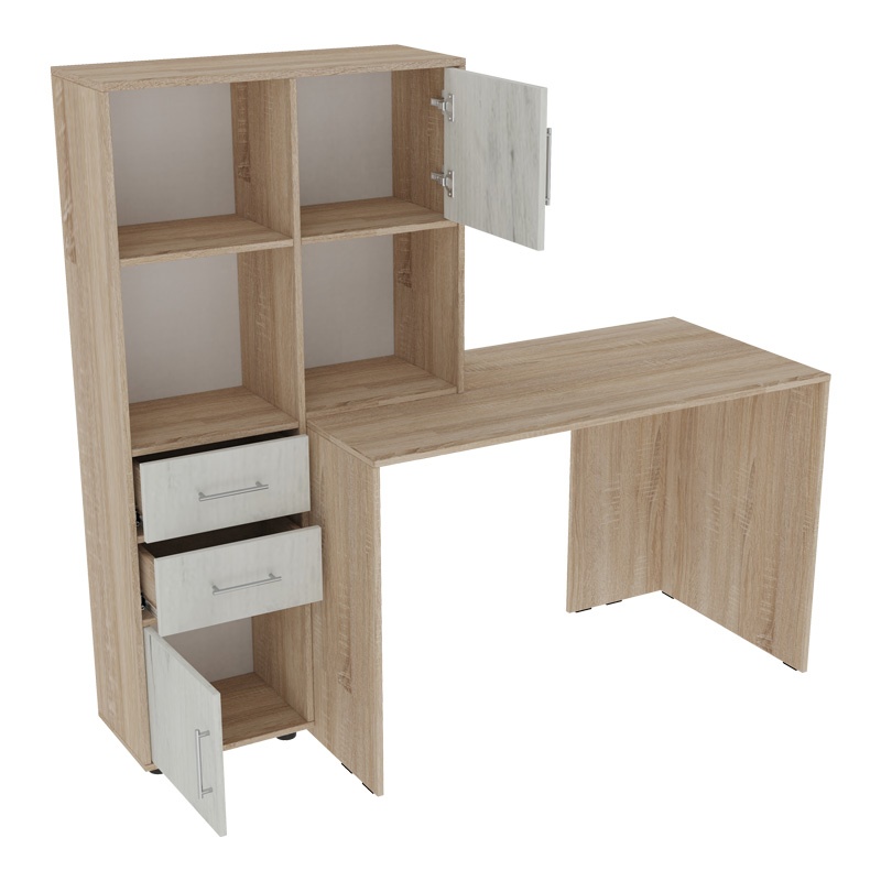 Birou cu biblioteca Scarlet, Pako World, Alb-Sonoma, 161x60x150 cm - 2 | YEO