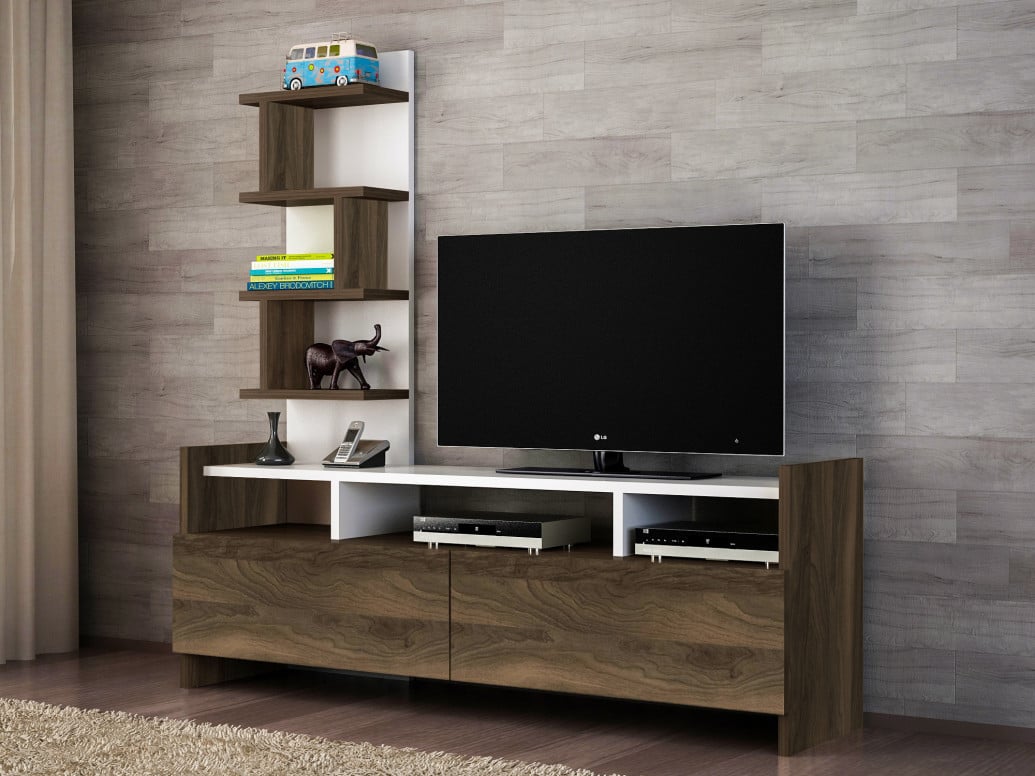 Comoda TV Aldora - Alb, Walnut