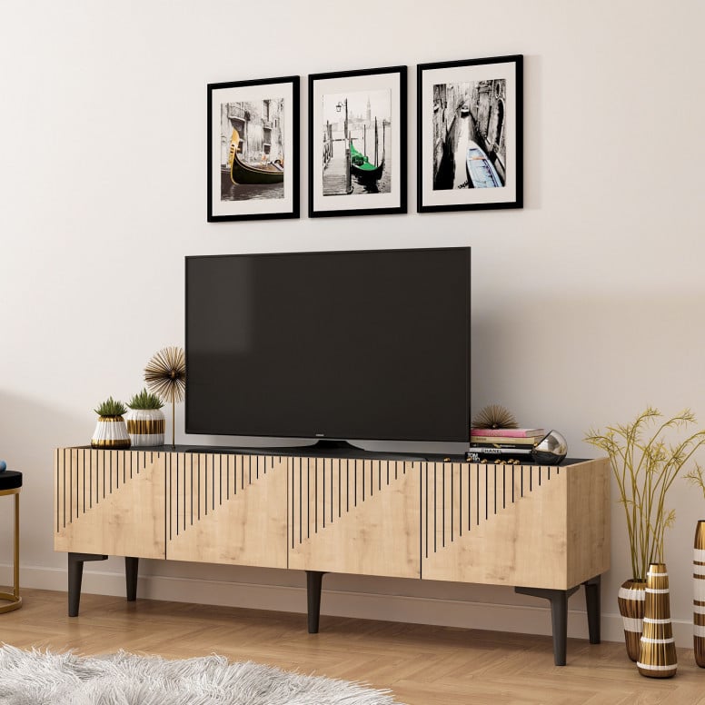 Comoda TV Draw Sapphire Oak-Negru Marble - 2 | YEO