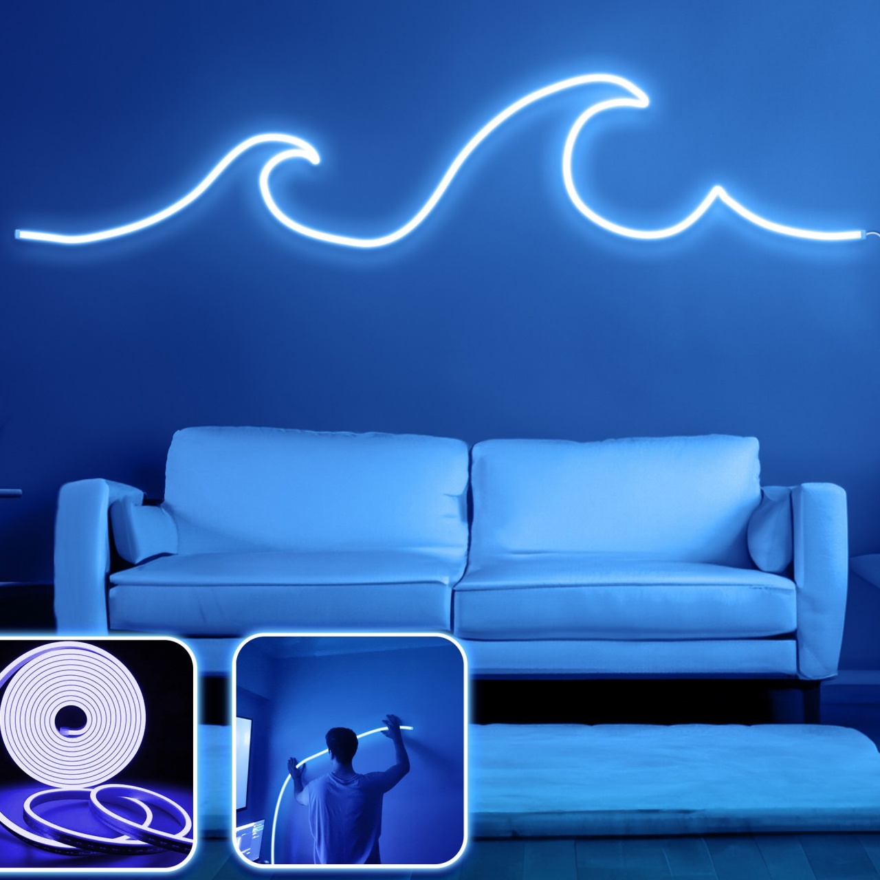Decoratiune luminoasa led de perete Valuri Wave Albastru 300x1x5 cm