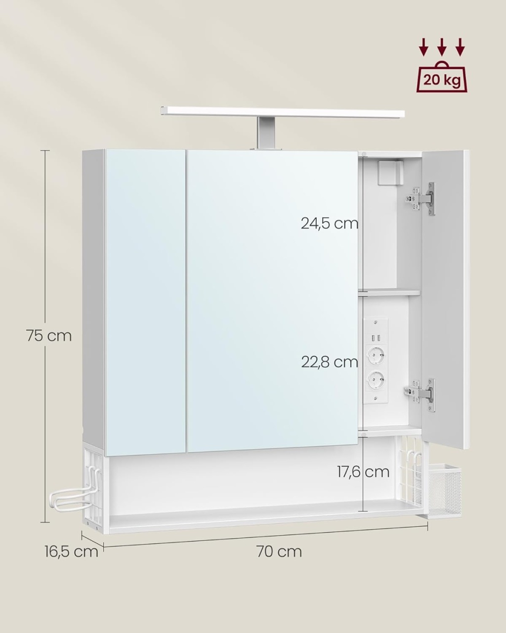 Dulap de baie cu oglinda Alb Vasagle 70x16.5x75 cm - 2 | YEO