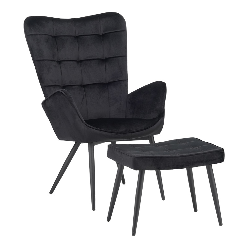 Fotoliu cu taburet Dorita catifea neagra picior metalic negru 68.5x76x103 cm