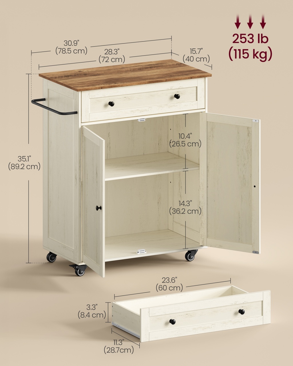 Insula de bucatarie Siren, Alb rustic, 78.5x40x89.2 cm - Imagine 6