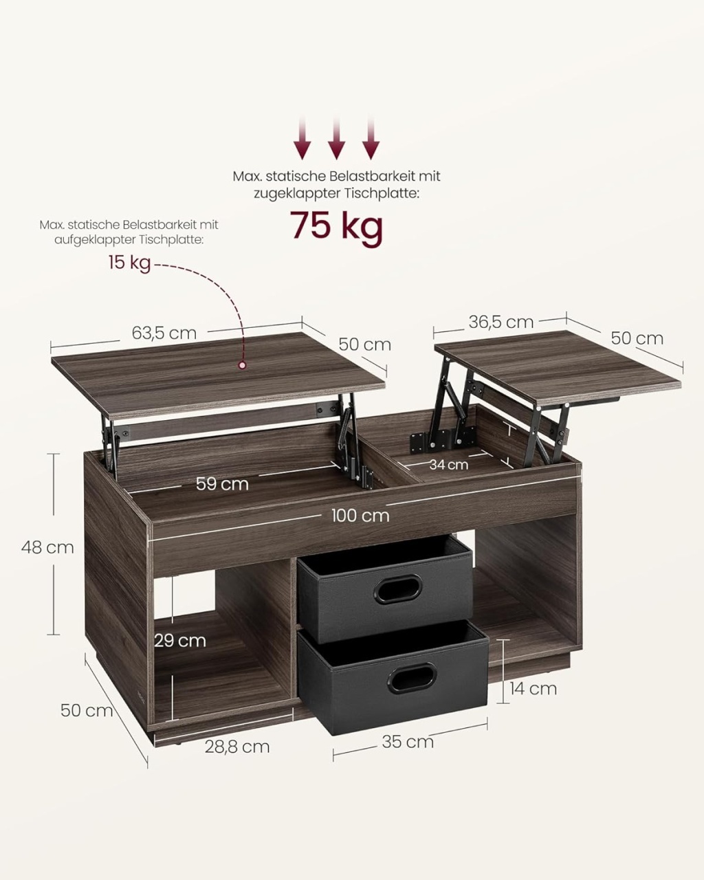 Masuta de cafea extensibila Vasagle Cafeniu 100x50x48.5 cm - 2 | YEO