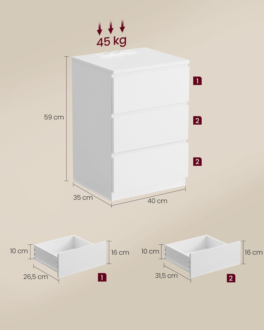 Noptiera, Vasagle, Alb, LET631W14V1, 35 x 40 x 59 cm - 3 | YEO