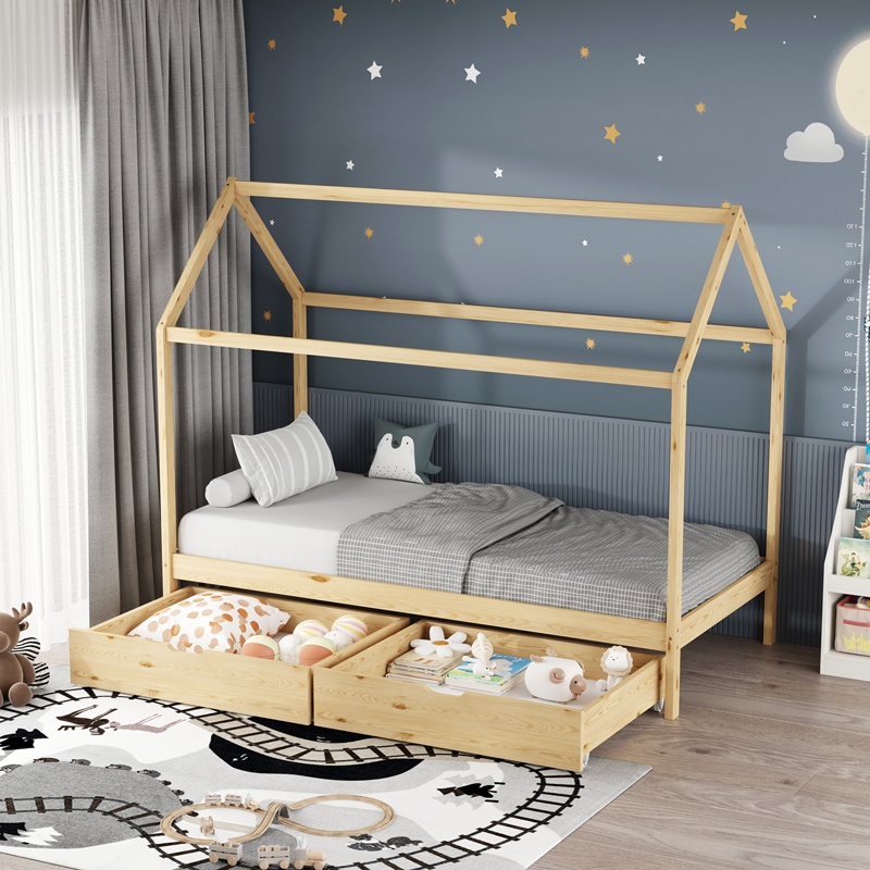 Pat pentru copii Mellin, Pako World, 2 sertare, Natural, 90x190 cm - 1 | YEO