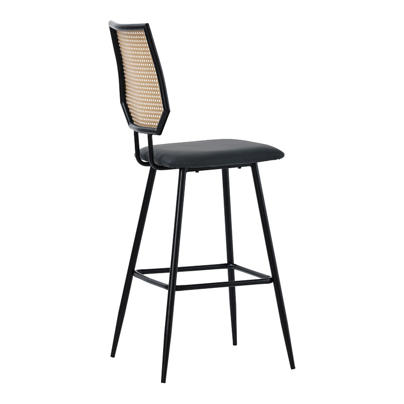 Scaun de bar Camilla plastic ratan culoare lemn natural - piele ecologica negru - metal negru 47.5x58x117cm - 1 | YEO