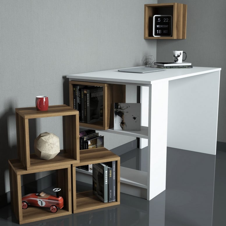 Set Birou si Biblioteca Box Alb-Walnut - 1 | YEO