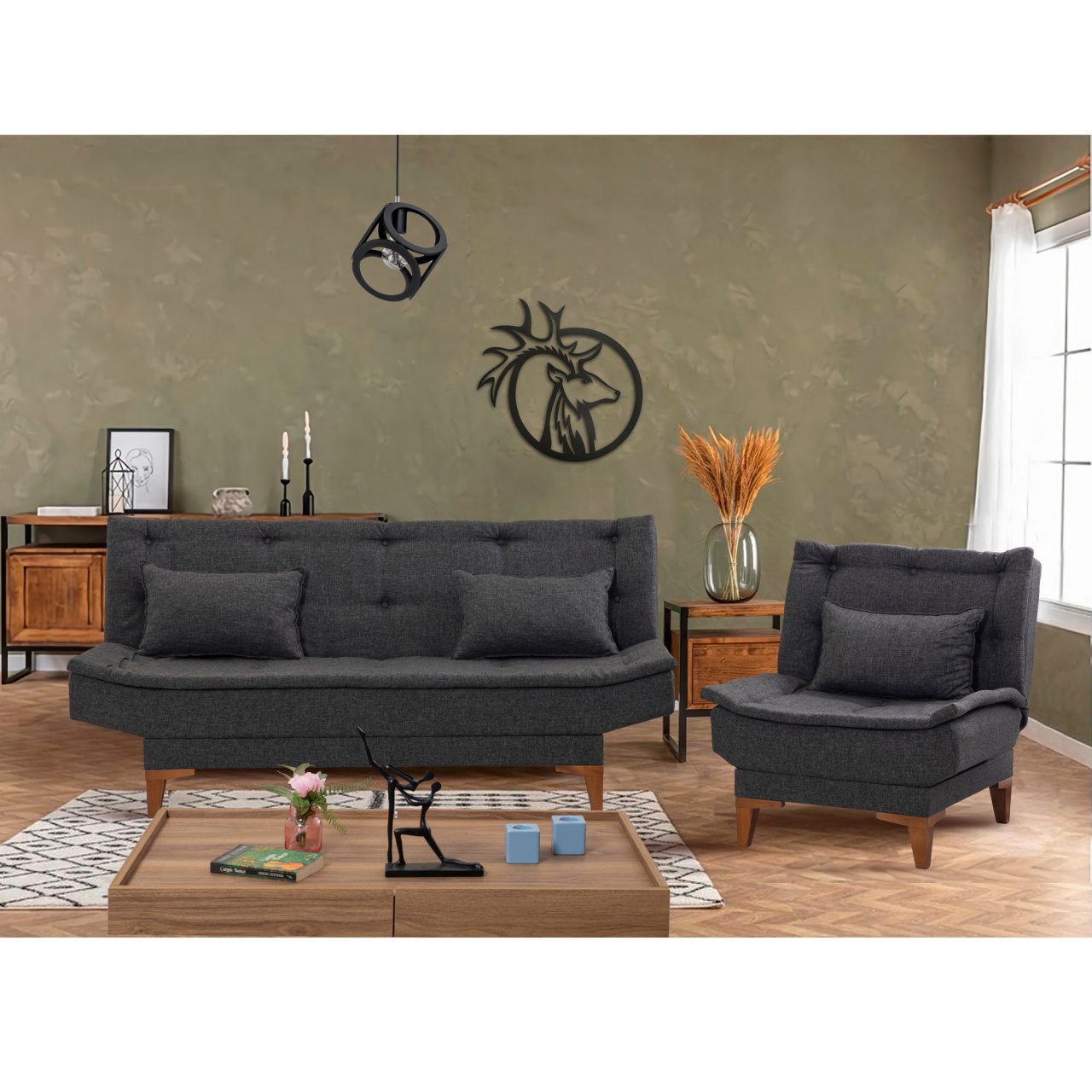 Set canapea 3 locuri extensibila si fotoliu Santo Antracit - 1 | YEO
