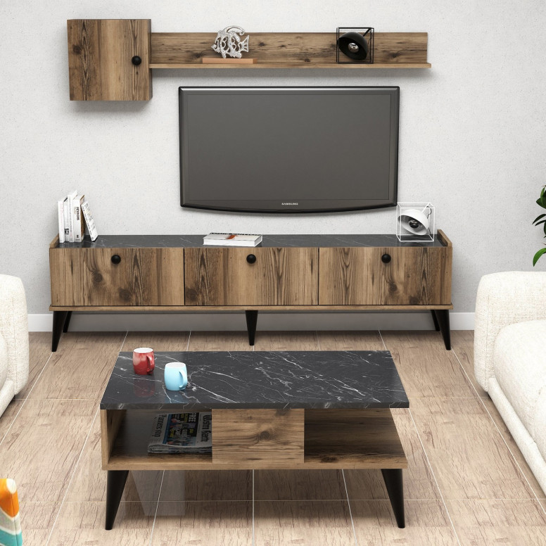 Set Comoda TV si Masuta de Cafea Living Lidya1 Walnut-Marble - 1 | YEO