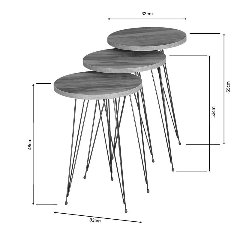 Set de 3 buc mese laterale Wakmi melamina naturala metal negru 33x33x55 cm