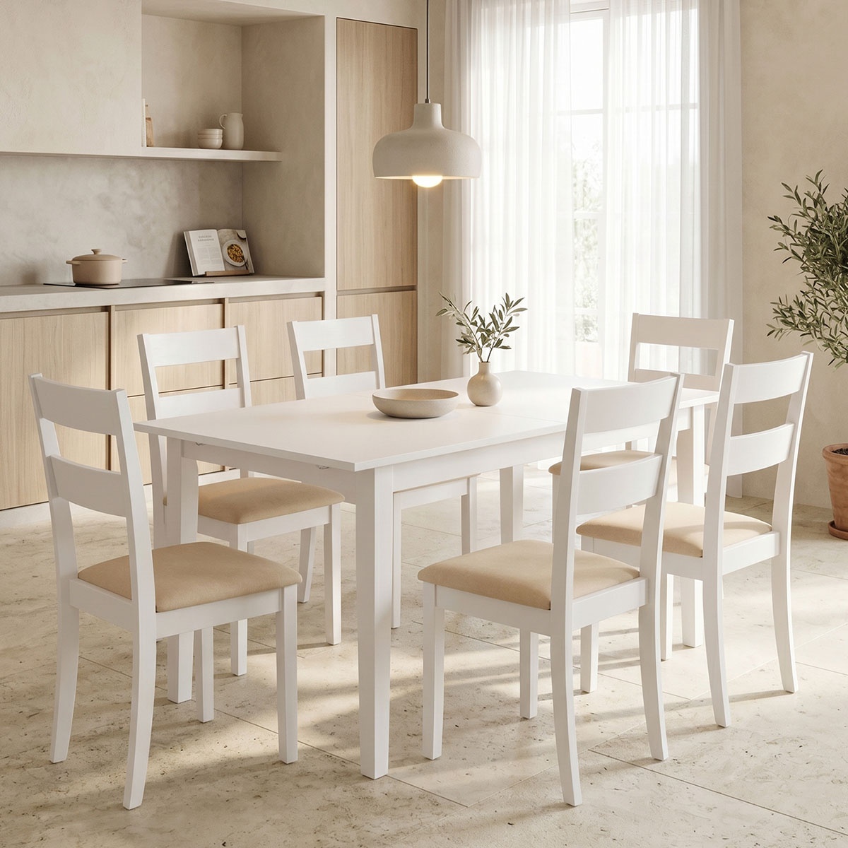 Set masa si scaune dining extensibil, 7 buc, Dallan Mabor, Pako, Natural 150x80x73.8 cm