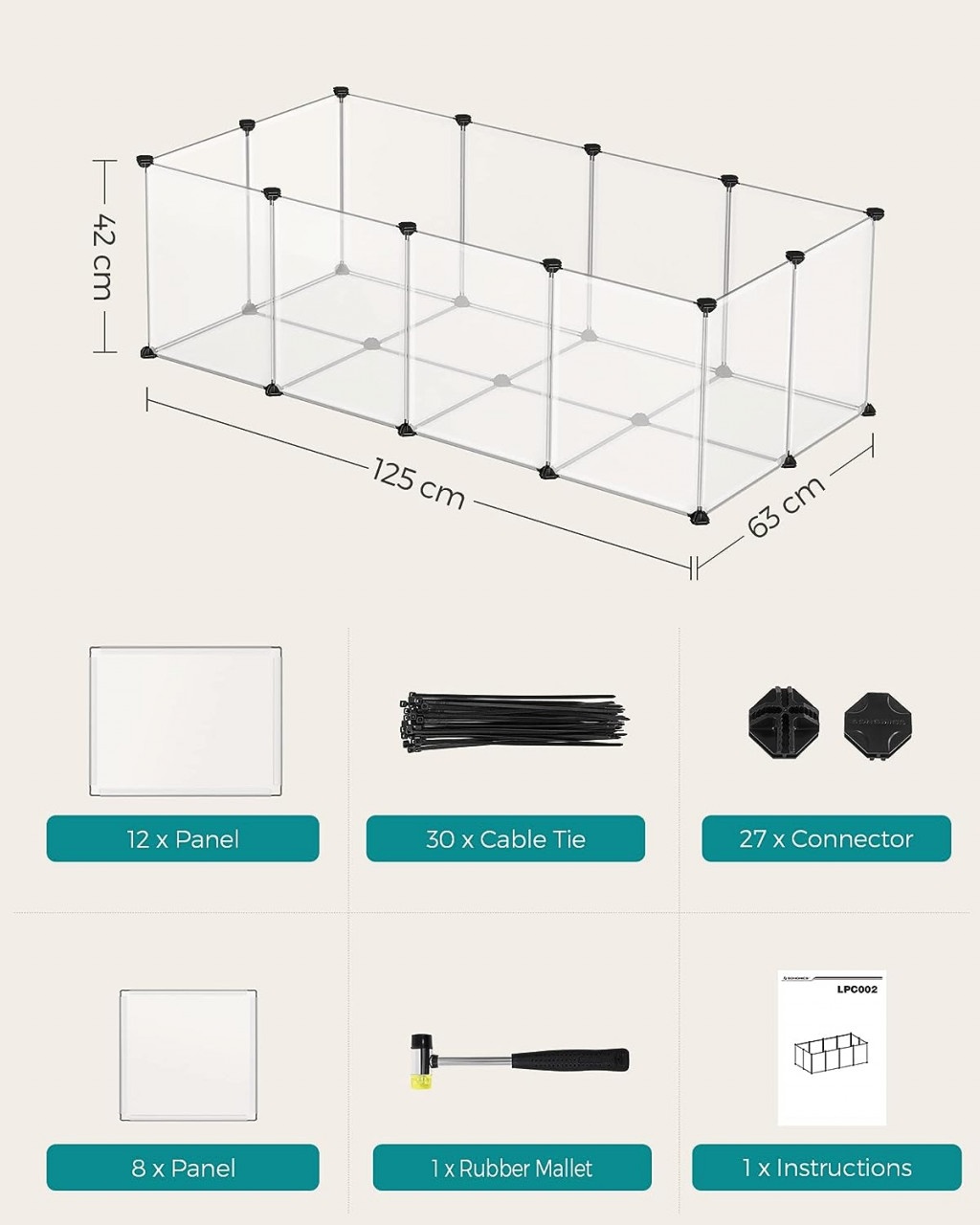 Tarc pentru animale de companie, modular, , Songmics, Alb, 125x63x42 cm