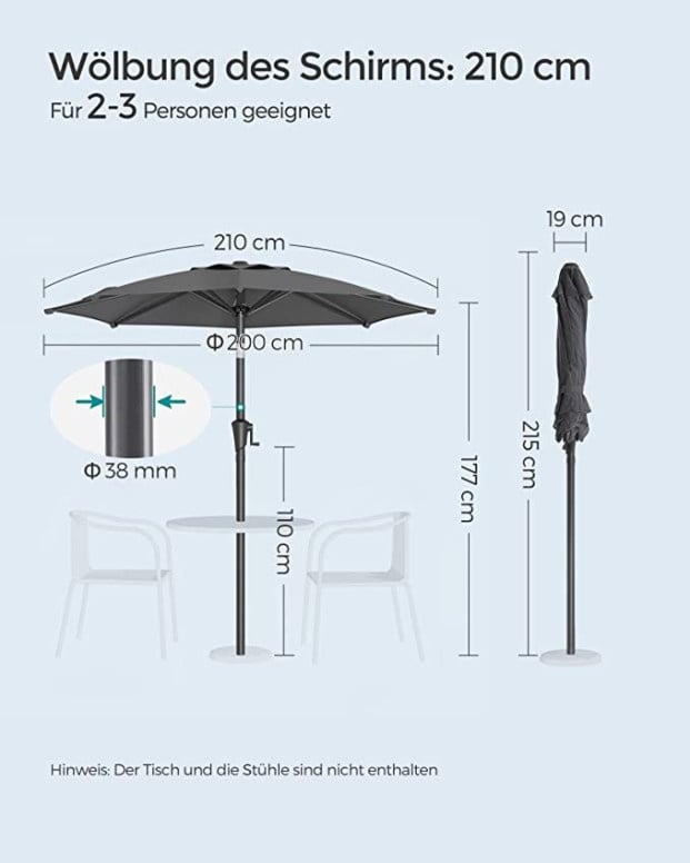 Umbrela de soare, Songmics, 30 grade, 210 cm, UPF 50+, Gri - 3 | YEO