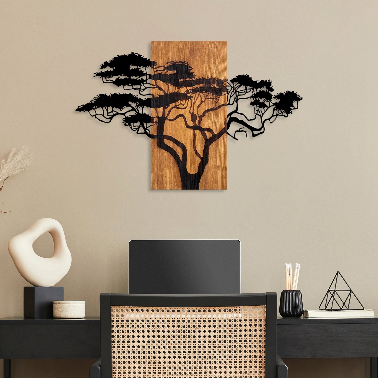 Accesoriu decorativ de perete din lemn si metal Acacia Tree Nuc 90x58 cm - 1 | YEO