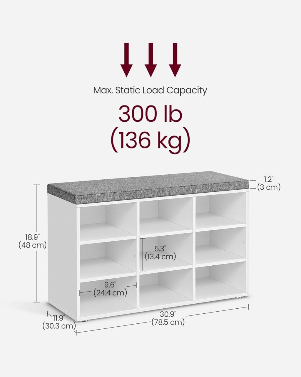 Bancuta hol cufar cu depozitare, Vasagle, Alb-Gri, 78.5x30.3x48 cm - 2 | YEO