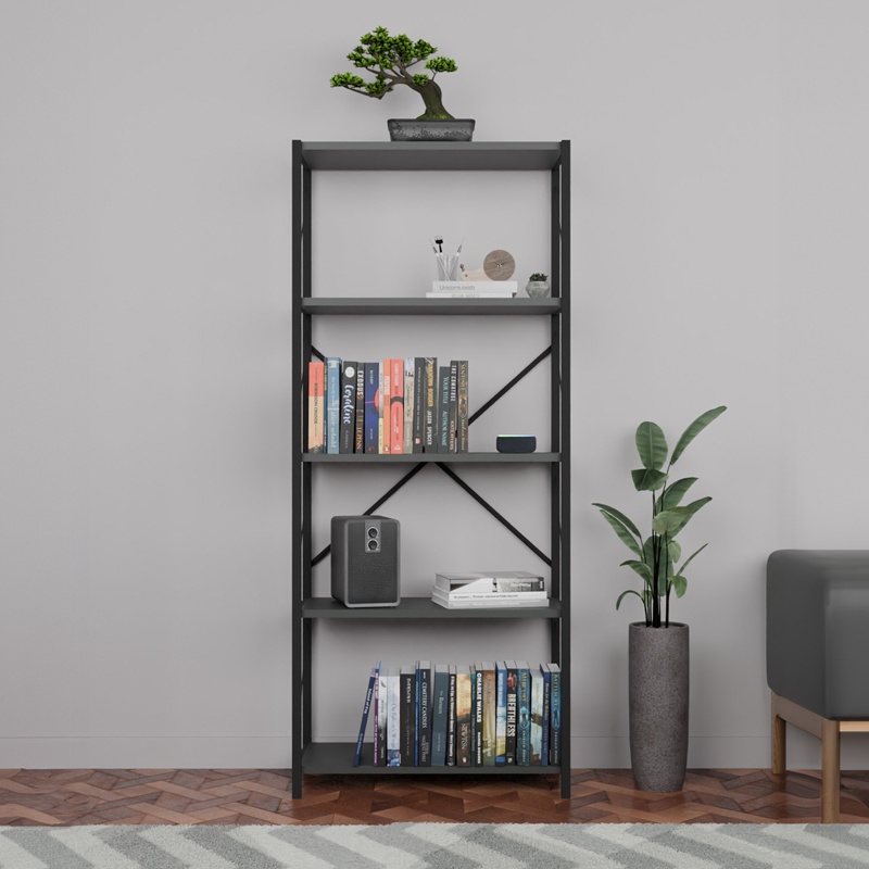 Biblioteca Draizy melamina antracit metal negru 60x30x150 cm - 1 | YEO