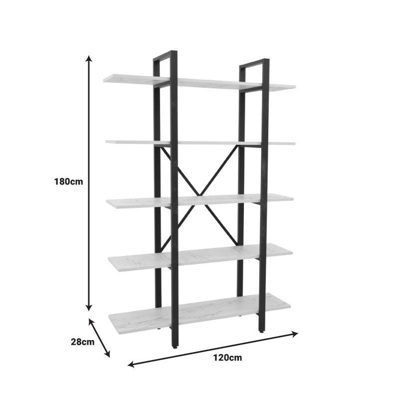 Biblioteca Esthon melamina alb marmura si metal negru 120x28x180 cm