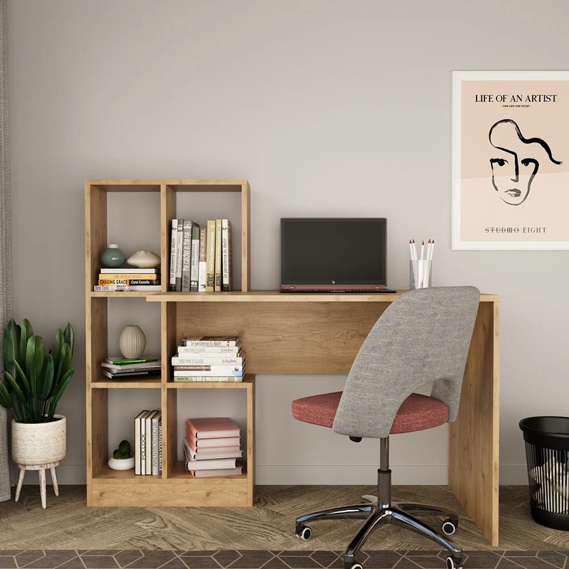 Birou cu biblioteca Dustin, Pako World, Nuc, 118x56x112 cm