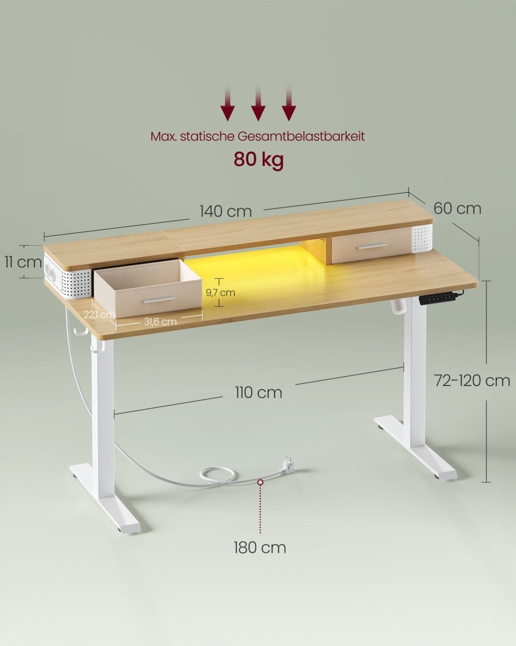 Birou reglabil Vasagle Galben 120x60x131.5 cm