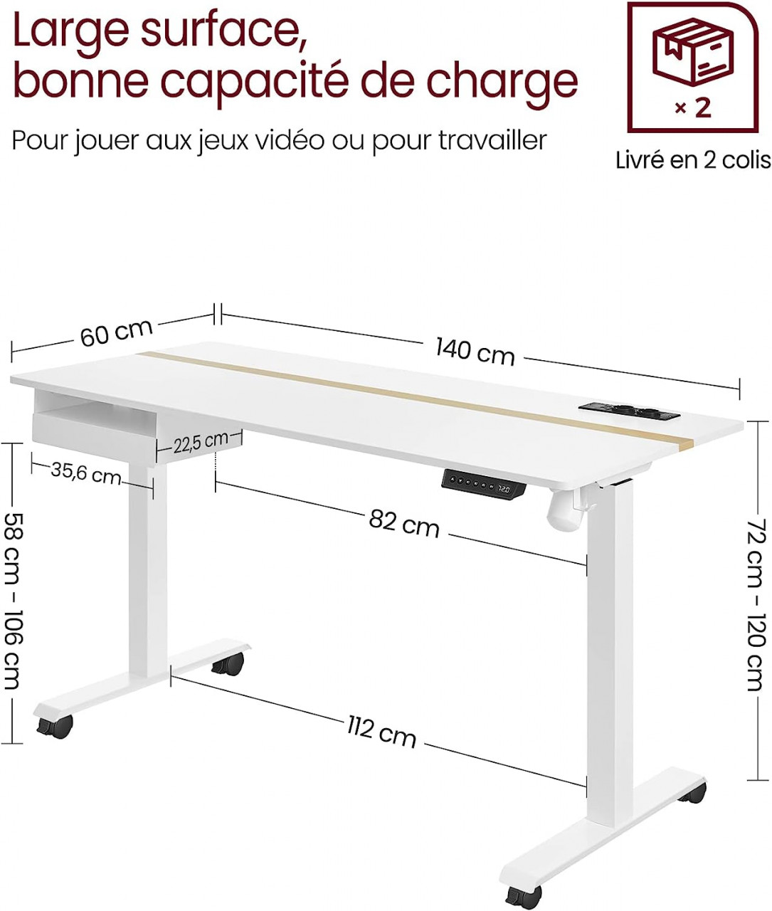 Cadru birou reglabil, Vasagle, Alb, 140×60×72-120