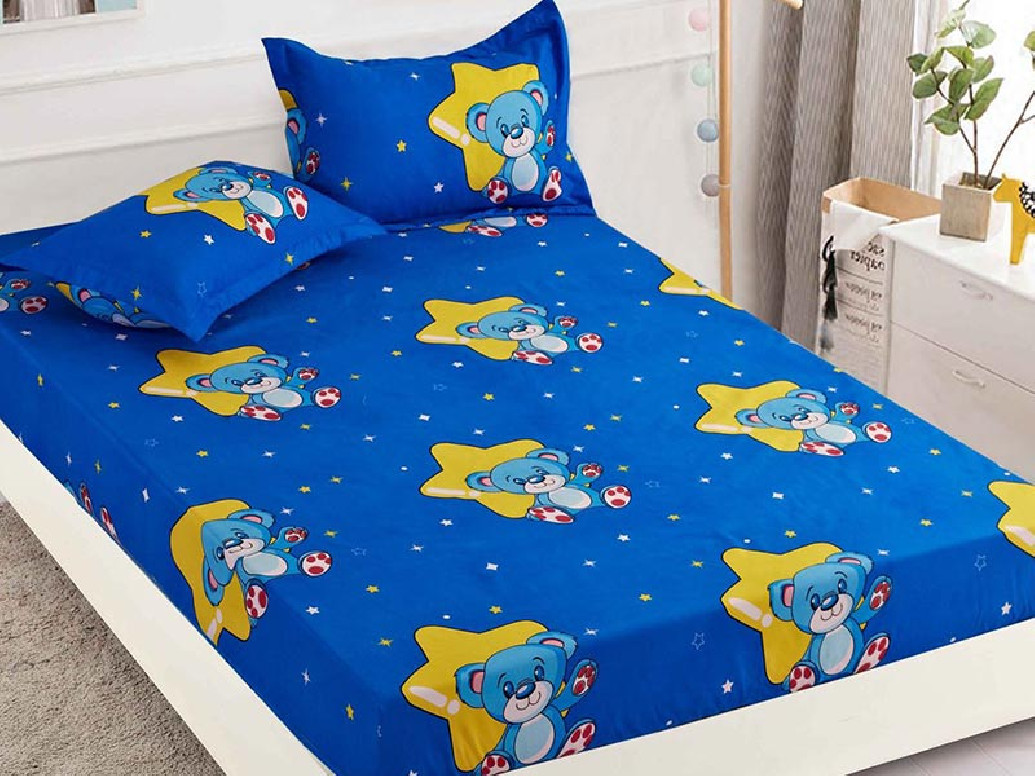 Cearsaf de pat cu elastic si 2 fete de perna, Blue Bear, 90x200cm (Finet)