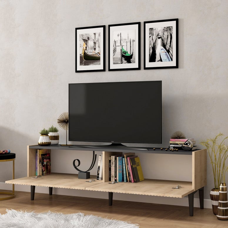 Comoda TV Draw Sapphire Oak-Negru Marble - 3 | YEO