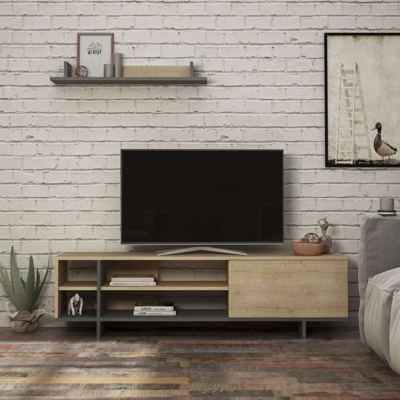 Comoda TV Saloon, Pako World, Gri-Stejar, 160x35x44 cm - 1 | YEO