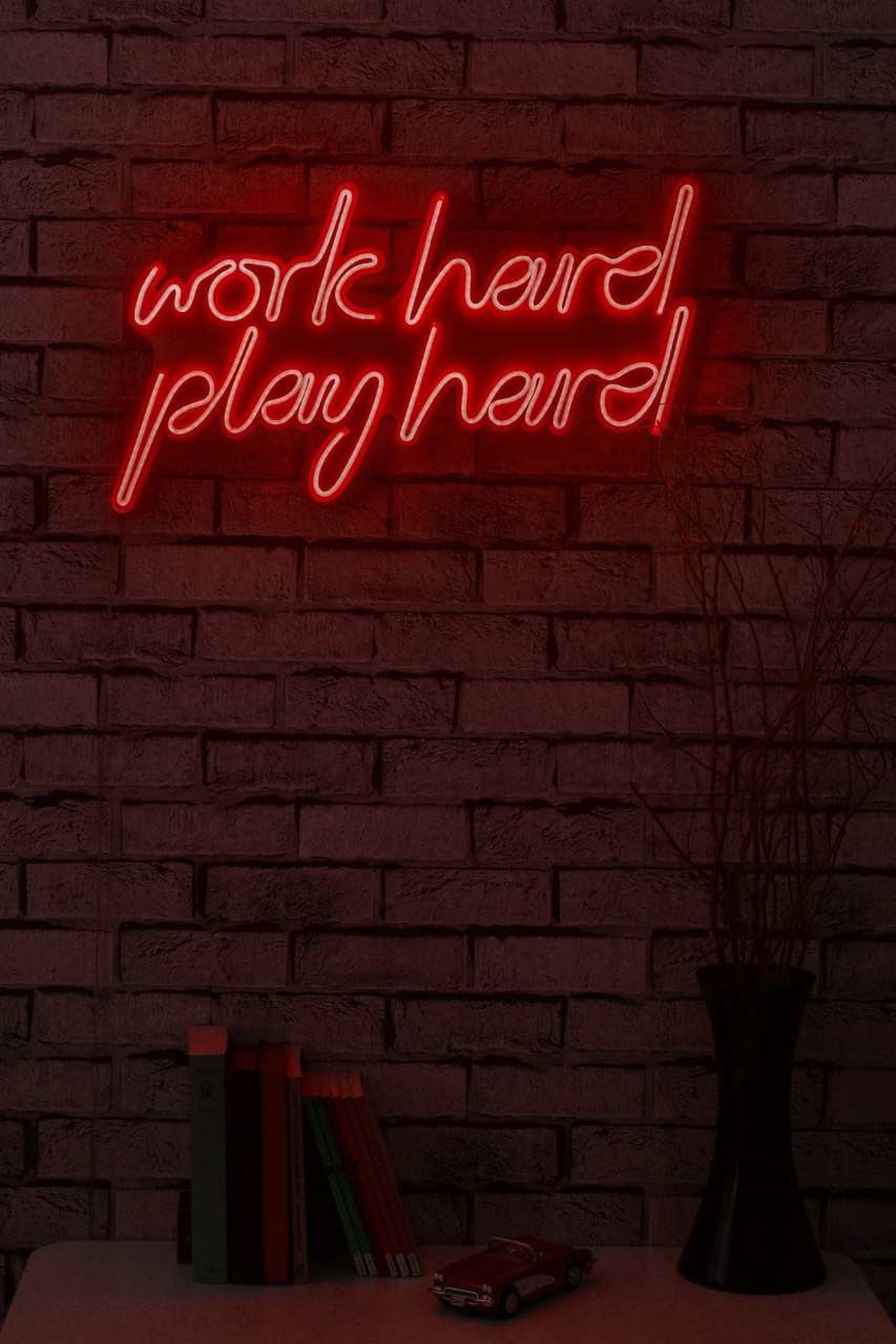 Decoratiune luminoasa LED de perete Work Hard Play Hard Rosu 55x36x2 cm - 3 | YEO