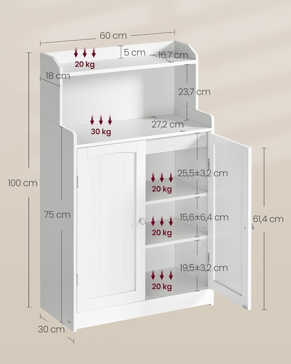 Dulap baie Vasagle Alb 60x30x110 cm - 2 | YEO