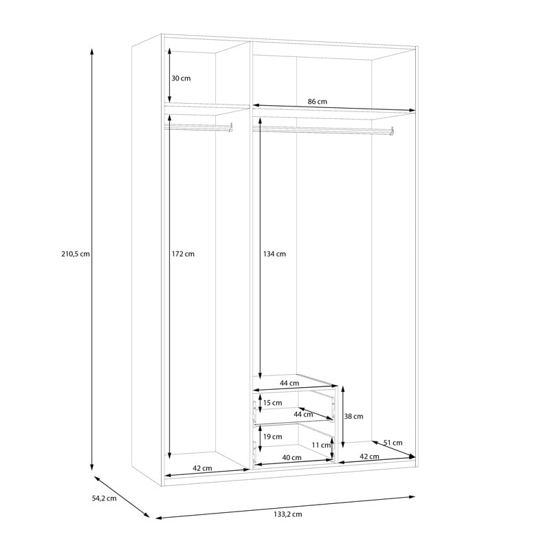 Dulap Jakrine melaminat cu trei usi si oglinda in stejar cu 3 rafturi gri 133.2x54.2x210.5 cm