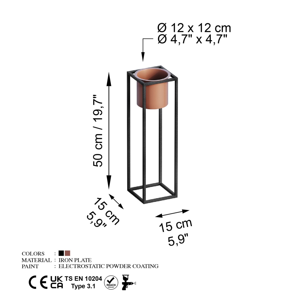Ghiveci decorativ GED023B Cupru 15x50x15 cm