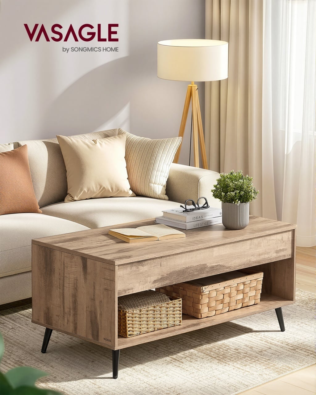 Masuta de cafea extensibila, Miranta, Camel, 100x45x58.5 cm - 2