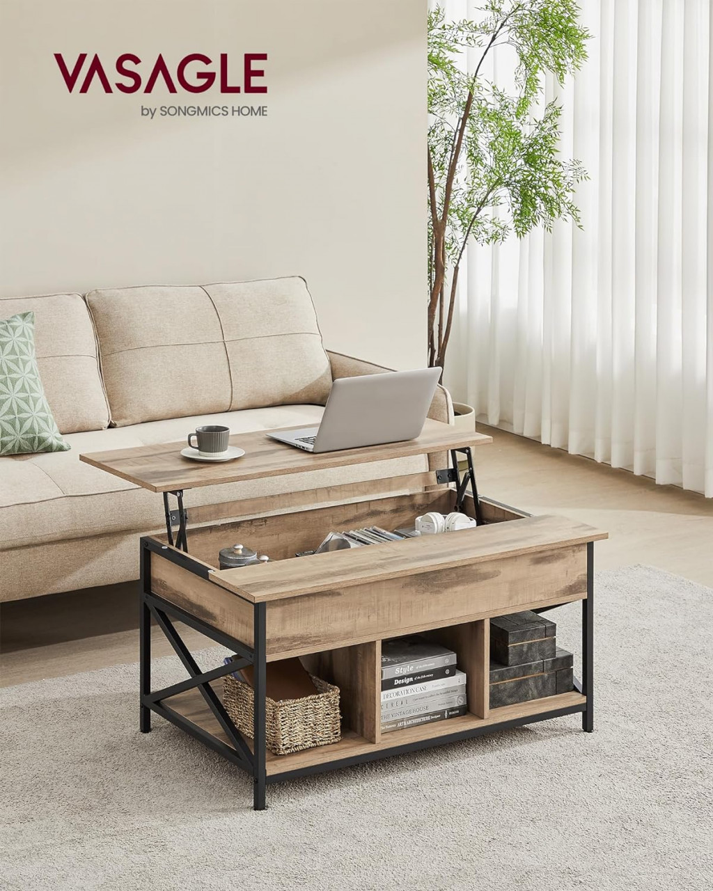 Masuta de cafea extensibila, Vasagle, Maro-Negru, 100x60x(48—62) cm