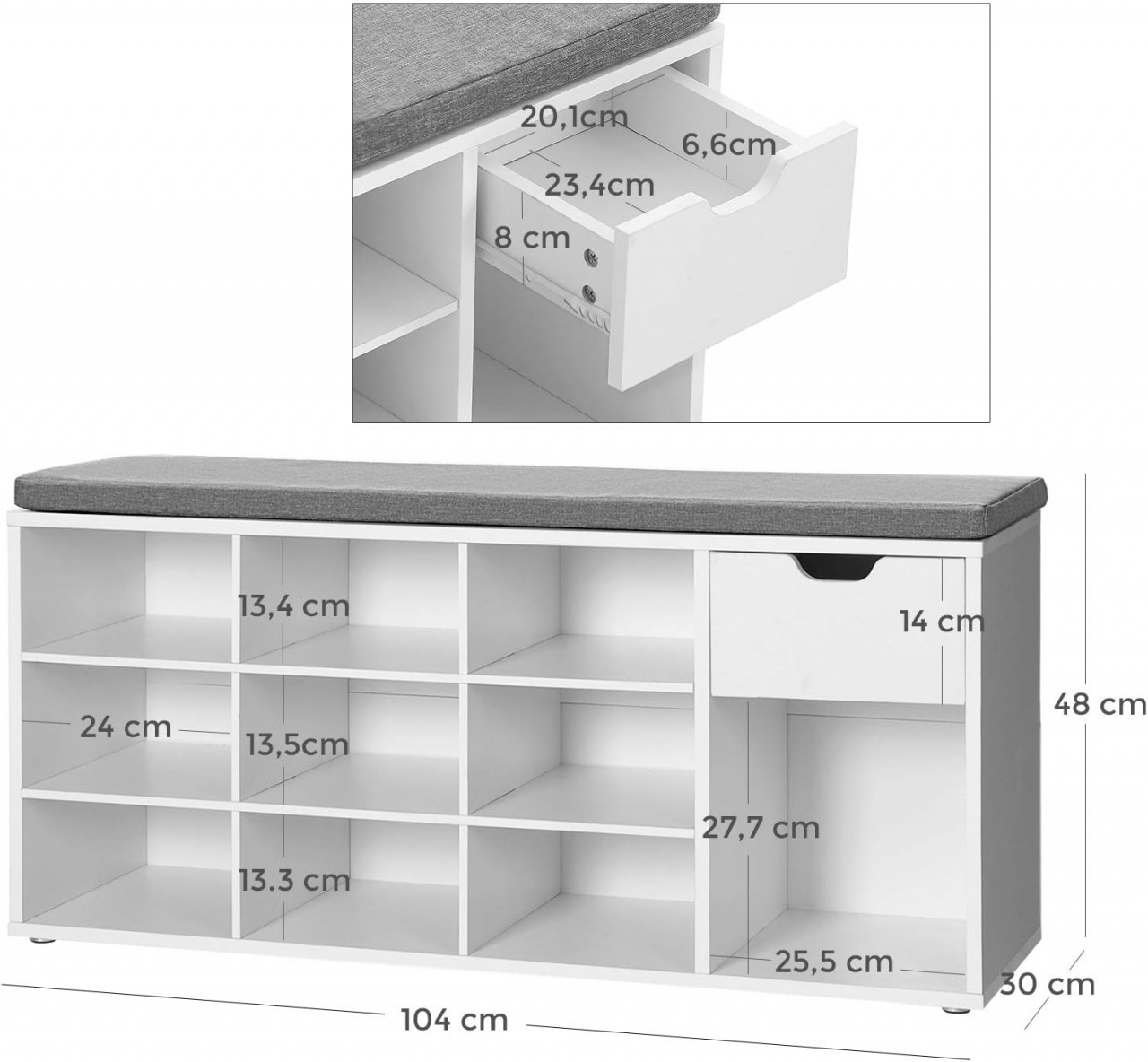 Pantofar bancuta hol cufar cu depozitare, Vasagle, Alb-Gri, 104x30.5x48 cm - 3 | YEO