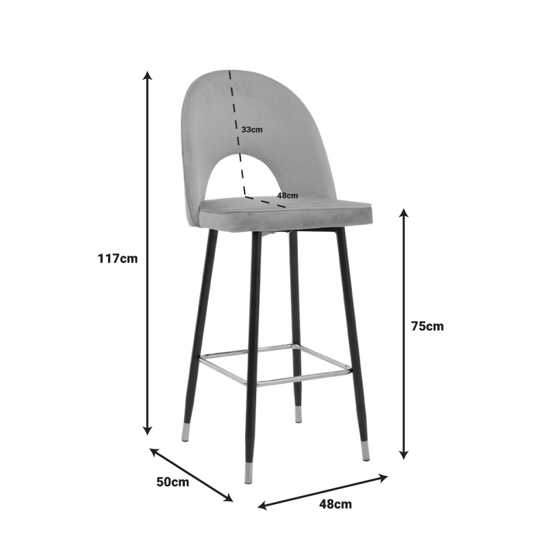 Scaun bar Casenio catifea gri inchis cu baza metalica neagra si aurie 48x50x117 cm