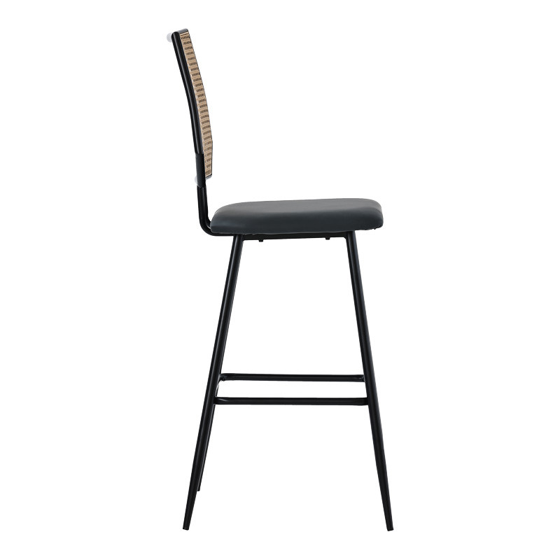 Scaun de bar Camilla plastic ratan culoare lemn natural - piele ecologica negru - metal negru 47.5x58x117cm - 2 | YEO