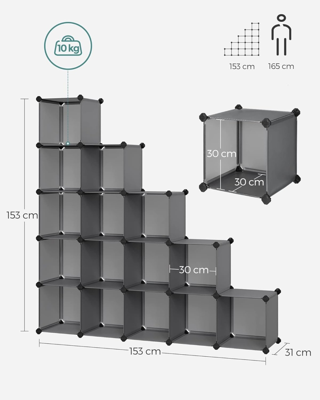 Set 15 cuburi pentru depozitare, Songmics, Negru, 153 x 31 x 153 cm - 1 | YEO
