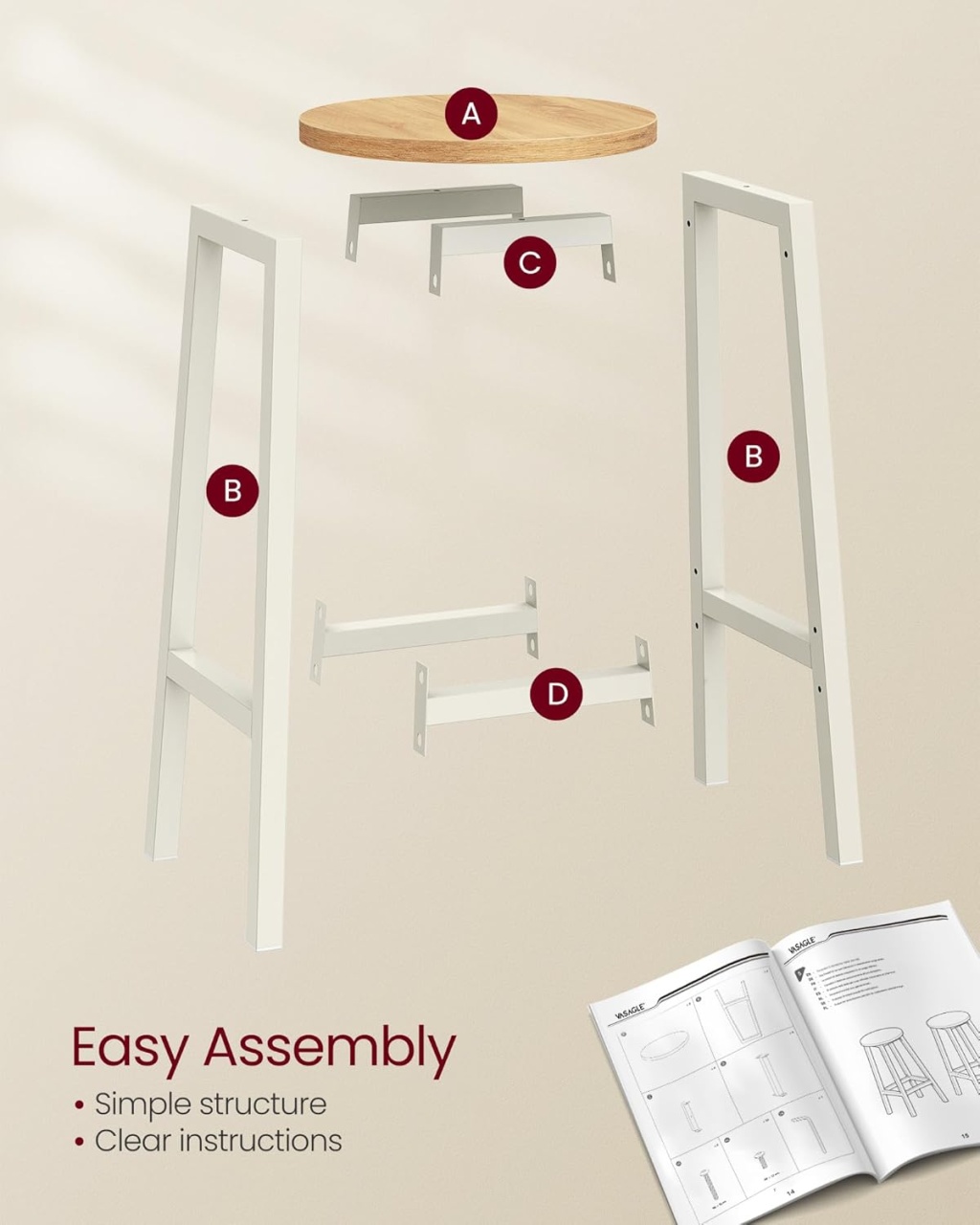 Set 2 scaune de bar Vasagle Alb 32 x 32 x 65 cm - 1 | YEO